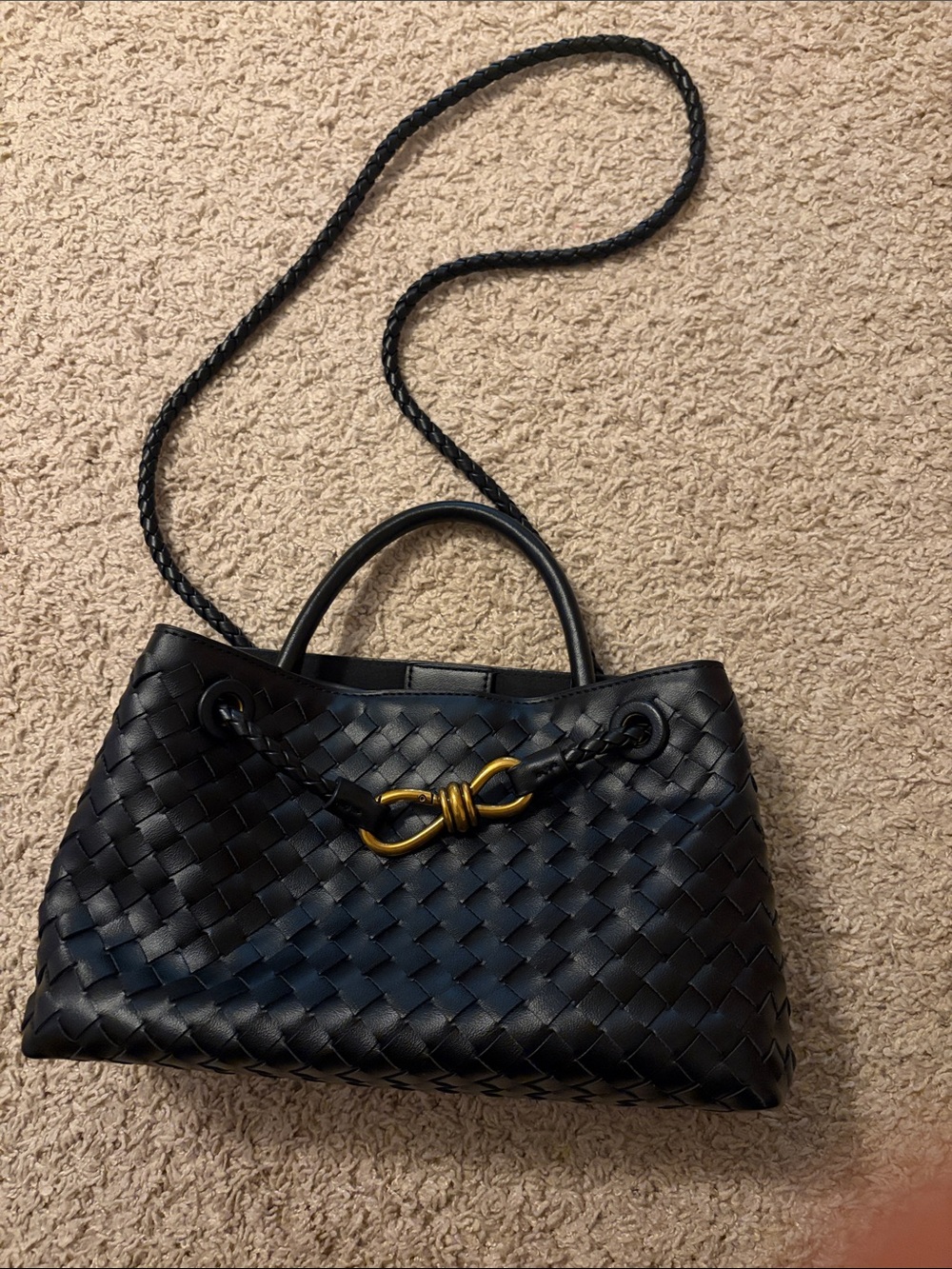 Black Woven Shoulder Bag with Gold Accent